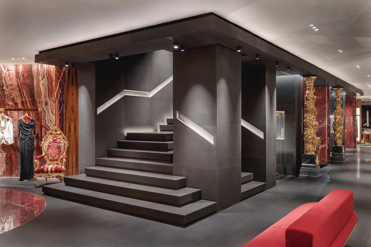 Luxury boutique interior with stone staircase